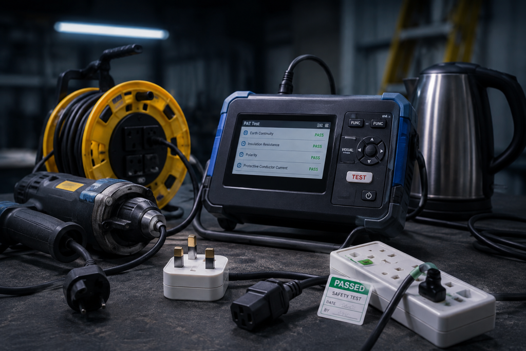 PAT tester on a workbench with an extension reel, plugs and a passed test label